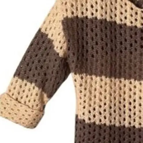 Glimmer Sweater Womens Size L Brown Tan Stripe Crochet Round Neck Pullover Light Size L