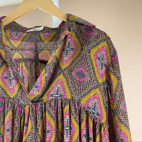 Hazel Large Boho Aztec Flowy Loose Dress Pleat V Neck Swim Cover Vacation Summer Brown