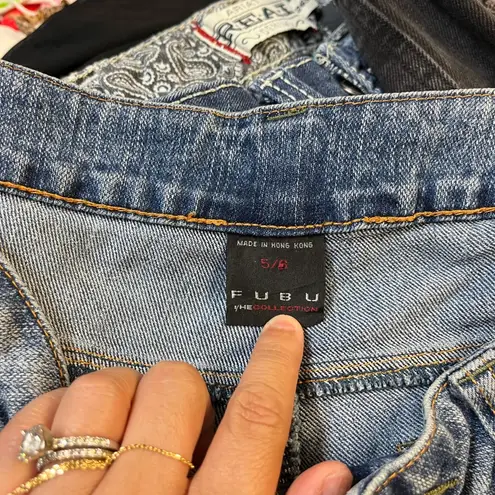 Vintage FUBU Women’s Rhinestone Boot Cut Jeans – Y2K Medium Wash (Size 5/6) Blue