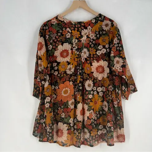 Natural Life  Floral Raw Edge V-Neck Blouse Lightweight Cotton Relaxed Fit S/M