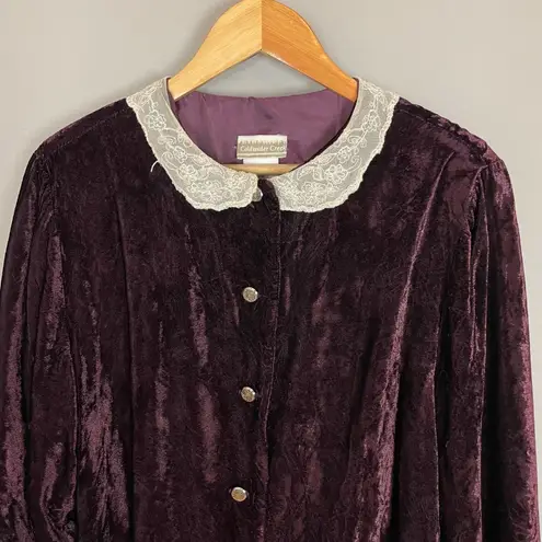 Coldwater Creek Velvet Jacket Lace Collar Purple Women Button Up Victorian Size Large Delicate