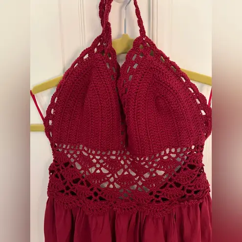 LILBETTER XS Red Wine Burgundy Crochet Lace Maxi Halter Neck Backless Dress NWT