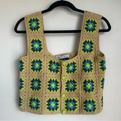 ZARA  Crochet Knit Top Women’s size Medium Multicolor granny square cropped tank