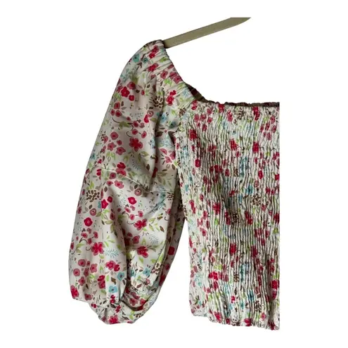 Sokie Collective Shirt Women Small Greenwich Floral Puff Sleeve Smocked Top NWT White