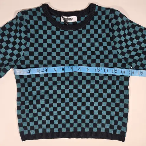 Daydreamer Checkerboard Crop Sweater Teal Black Long Sleeve Knit Women's XS - Image 7