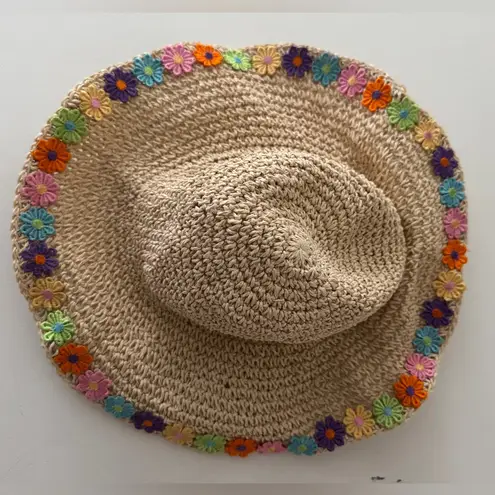 Woven Straw Sun Hat With Multicolored Embroidered Daisy Flowers Y2K Vibes