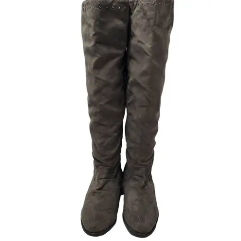 Lime Light Joaquin Faux Suede Studded Knee High Tall Gray Riding Boots Size 9 Brown