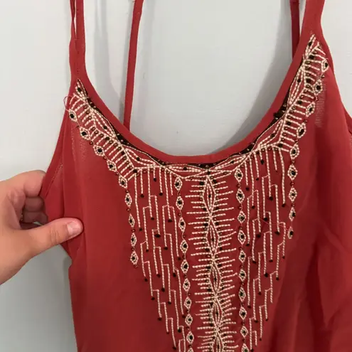 Miss Me Dark Orangey Red Camisole Tank Top Size Small Embroidered w/ Bead Front