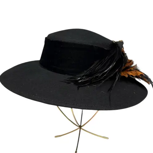 Vintage Black Feather Embellished Wide Brim Hat Small