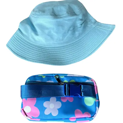 Smiley Bucket Hat And Waist Pack Womens Blue Floral Emoji Beach Travel Gift NEW