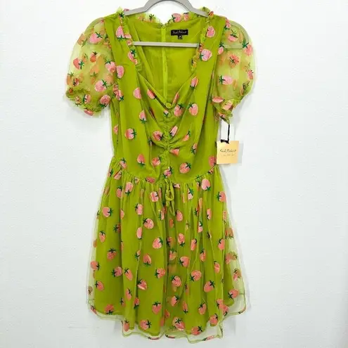 Unique Vintage Smak Parlour Avocado & Pink Strawberry Print Woodstock Flare Dress Pinup Size M