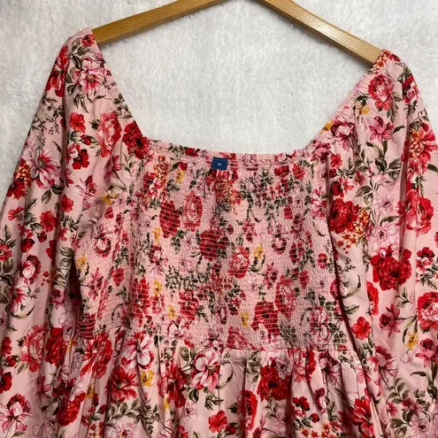 Old Navy  Floral Smocked Mini Dress Pink Red Boho Cottagecore XL Long Sleeve