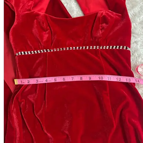 Vintage 90s Sz 4 Red Velvet Rhinestone Empire Waist Cap Sleeve Maxi Dress Gown