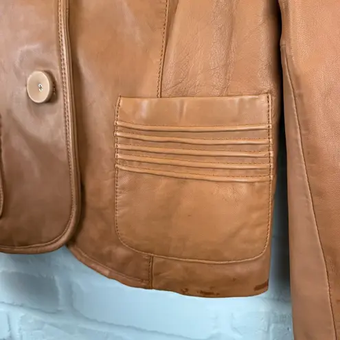 Nine West  Women's 100% Leather Jacket Tan Floral Lining two Button Blazer L