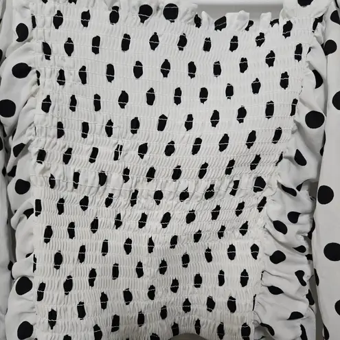 White and Black Polka Dot Puff Sleeve Cropped Smocked Corset Like Women's Blouse Size XS