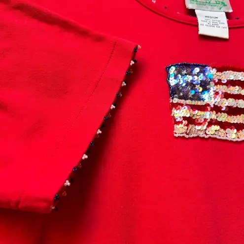 VTG Quacker Factory Womens Red Sequined American Flag Patriotic USA Cotton Dress Size M