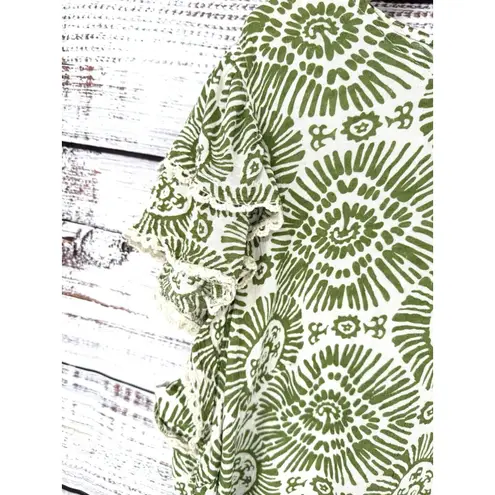 Haute Hippie Flutter Sleeve Boho Blouse Women's 2X Green Sunburst Crochet Rayon