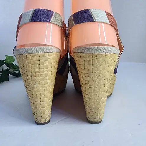 Anne Klein  Fortuna Stripe Fabric Slingback Rattan Wedge Sandals Boho 6M