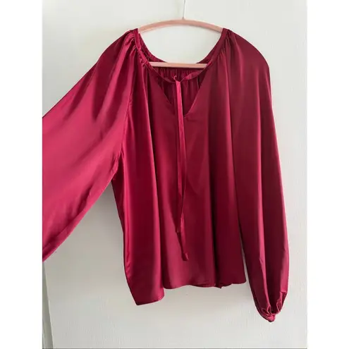 Satin Burgundy Peasant Blouse Long Balloon Sleeves Tie Front XXL Red
