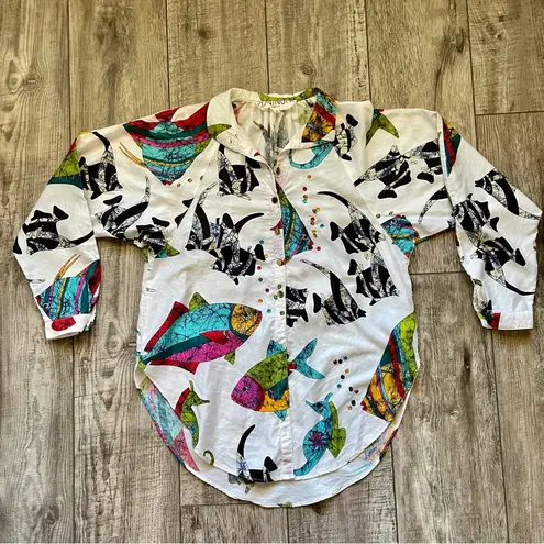 Vintage 1980s button down shirt with fish print & jewels