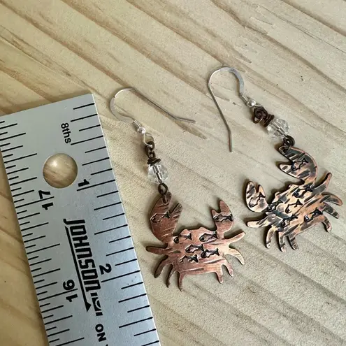 Handmade Copper Crab Earrings with Etched Fish & Crystal Beads