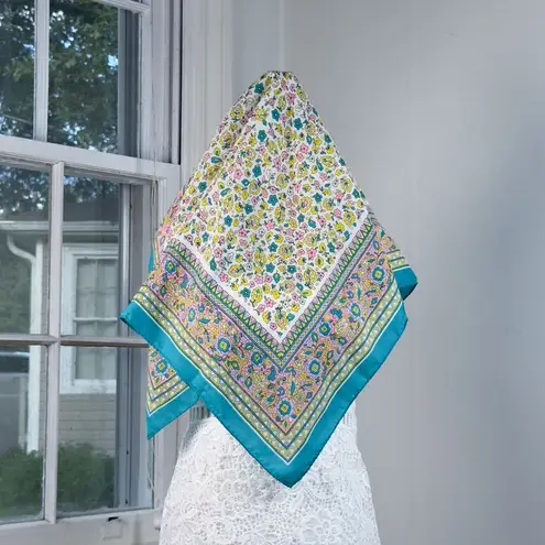 Vintage 80s Paoli Ditsy Floral Scarf Neck Tie Baby Blue Yellow