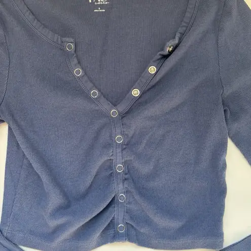 Y2K PAC Sun Blue Ribbed Snap Button Long Sleeve Crop Top Henley Shirt Sz Small