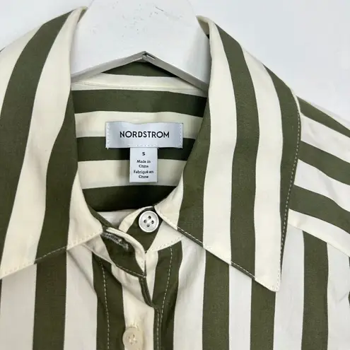 Nordstrom  Poplin Button-Up Shirt in Olive Burnt Cabana Stripe Size Small