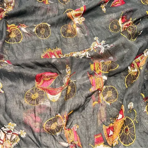 None Oversized Cotton Blend Sheer Scarf w/Horse/Carraige Theme Charcoal Gray 70 X 46