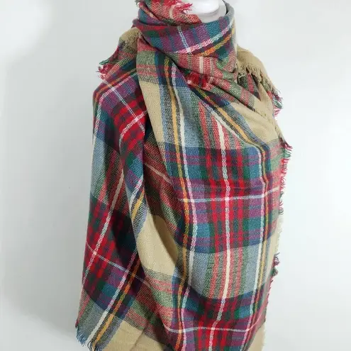 Plaid Wrap with Fringe One Size Tan, Green, and Red Plaid Preppy Wrap Tan