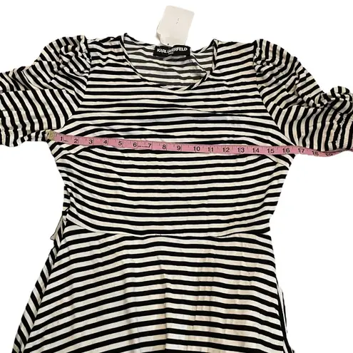 Karl Lagerfeld Paris Belted Striped Pouf Sleeve Round Neck Midi Fit Flare Dress