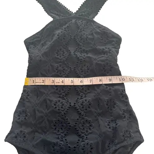 Shoshanna Black Embossed Stretch Eyelet High Neck One Piece Swimsuit Zero 0 XS