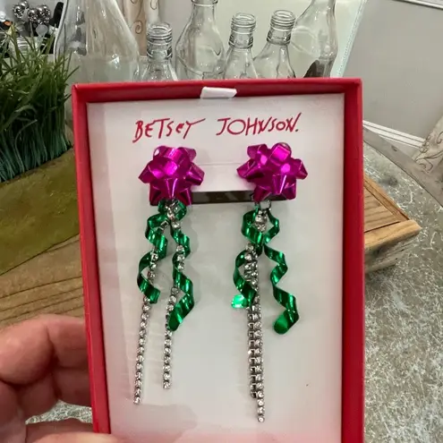 Betsey Johnson  NEW RELEASE PINK BOW/GREEN TINSEL RHINESTONE DANGLE EARRINGS