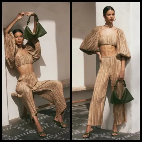 Cult Gaia ππ Kersti Pleated High Rise Satin Pants ~ Light Camel Medium M NWT