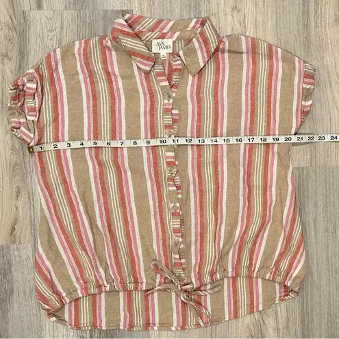 Ava James Linen Blend Short Sleeve Button Shirt Striped Drawstring Top Size M