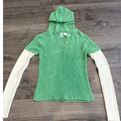 Source Unknown Y2K Green Terry Cloth Hoodie Sweatshirt with Contrast Sleeves Size S