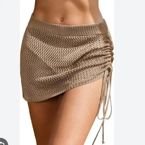 AIMAGE Tan Knit Ruched Semi Sheer Mini Skirt M 2BJ123 Brown Size M