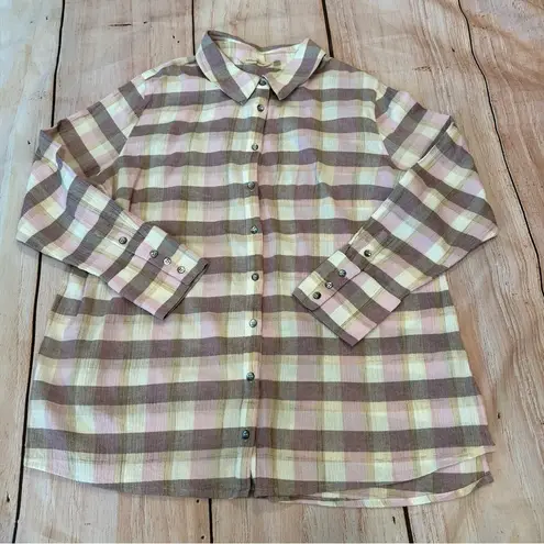 Soft Surroundings  Carreaux Shirt Womens Sz 1X Multi Plaid Cotton Top Back Tie