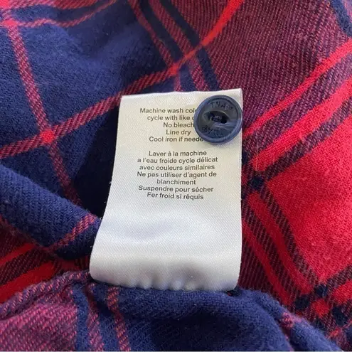 Aritzia TNA Hooded Plaid Boyfriend Fit Button Down Long Sleeve Red Navy XS Blue