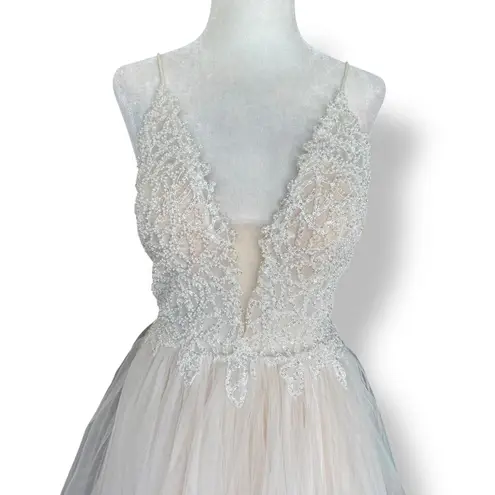 Vienna Prom White Nude Beaded Tulle Ball Gown Plunge Vneck Bridal Prom Dress 4