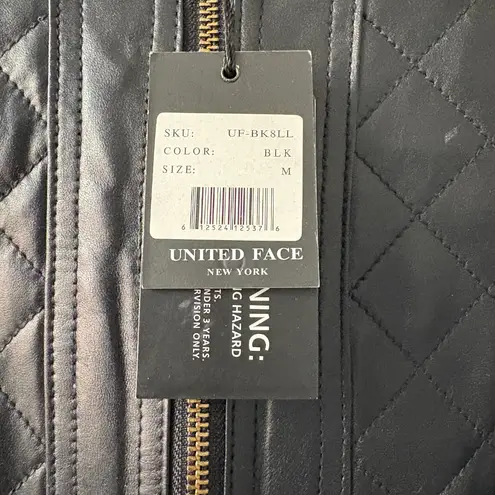 United Face black leather/fabric quilted moto jacket gold zippers women's med