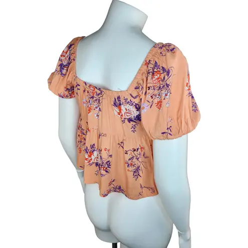 Abound NWOT  Womens XS Coral Floral Print V-Neck Puff Sleeve Peplum Blouse