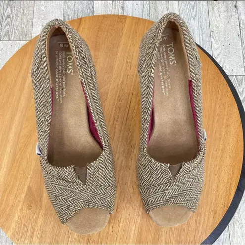 Toms Wedge Heels Herringbone Tweed Peep Toe Cork Brown Tan Size 8