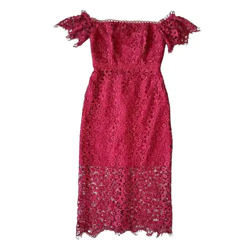 Monique Lhuillier ML Womens Red Raspberry Off The Shoulder Lace Overlay Dress 0P