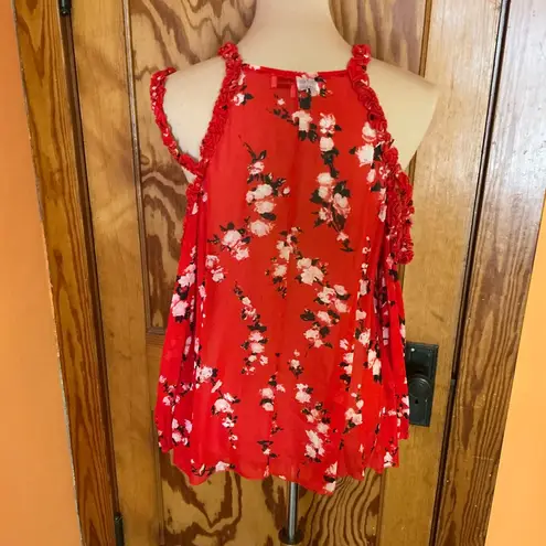 Karina Grimaldi sexy floral red cold shoulder blouse
