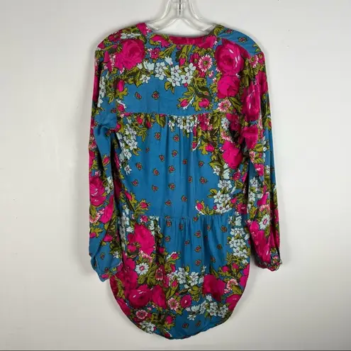 J. Peterman Blue Pink Floral Button Down High-Low Longline Tunic Top Size 2 Boho