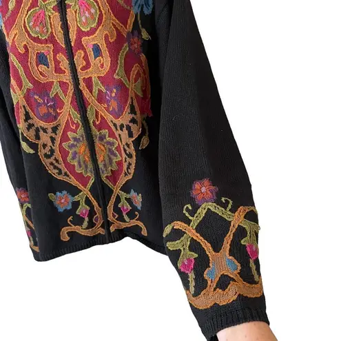 Coldwater Creek Vintage  Black Floral Embroidered Zip Cardigan Sweater