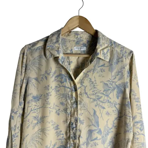 Equipment Femme Cream Blue Silk Floral Print Long Sleeve Button Up Blouse Large