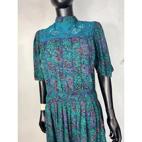 Vintage Phool Paisley Midi Dress Teal Purple Mock Neck Short Sleeve India M Green Size M