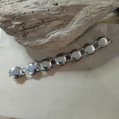 Silvertone Carnelian Agate looking Amber Link Bracelet Oval Cabochons Vintage Silver